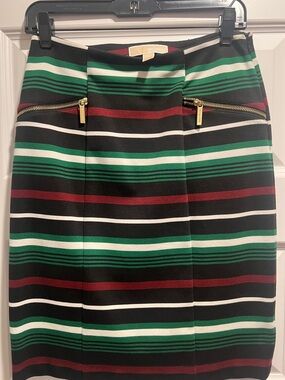 Michael Kors Black Stripe Pencil Skirt with Green, White and Burgundy Bands